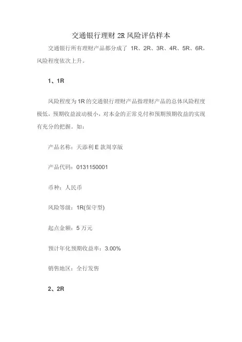 交通银行理财2R风险评估样本