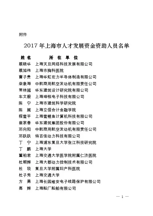 2017年上海市人才发展资金资助人员名单-上海国际人才网