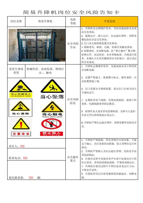 简易升降机岗位安全风险告知卡
