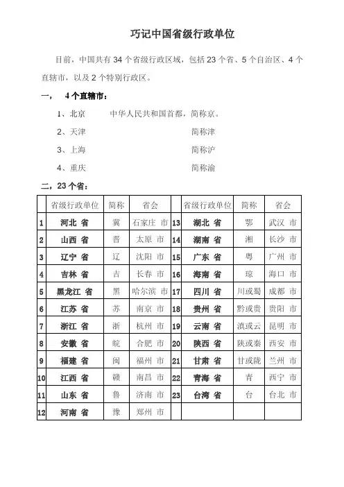 巧记中国省级行政单位
