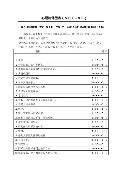 心理测评量表及评分标准(2)