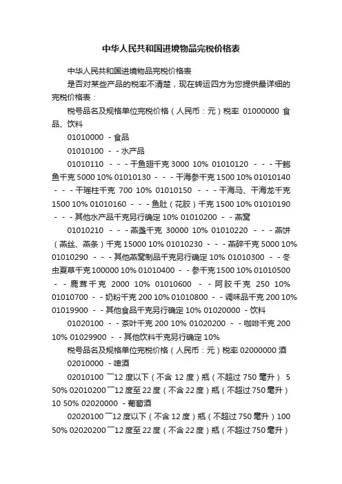 中华人民共和国进境物品完税价格表