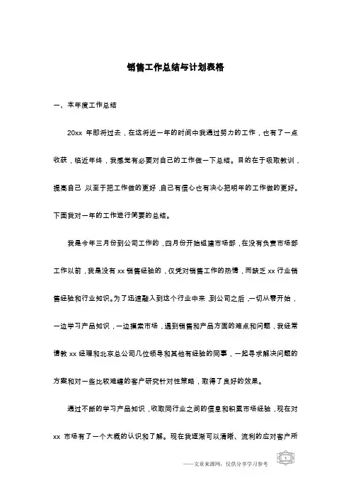 销售工作总结与计划表格