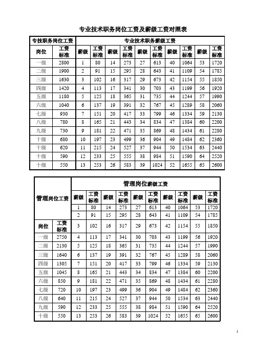 专业技术职务岗位工资及薪级工资对照表(A4)