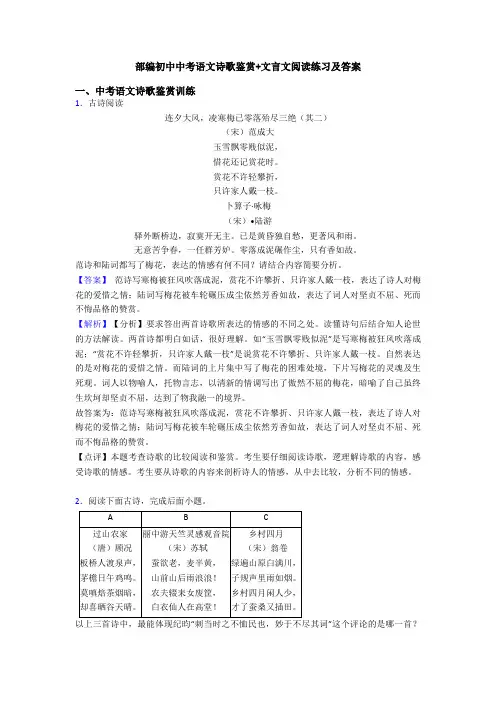 部编初中中考语文诗歌鉴赏+文言文阅读练习及答案