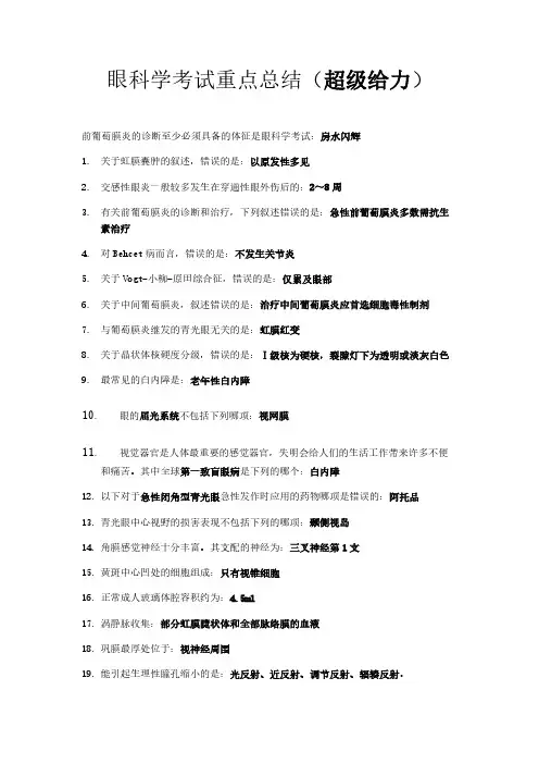 眼科学考试重点总结超级给力[借鉴]