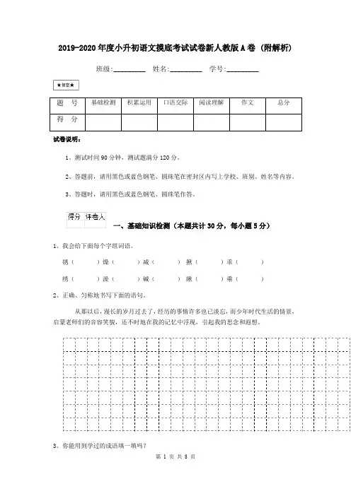 2019-2020年度小升初语文摸底考试试卷新人教版A卷 (附解析)