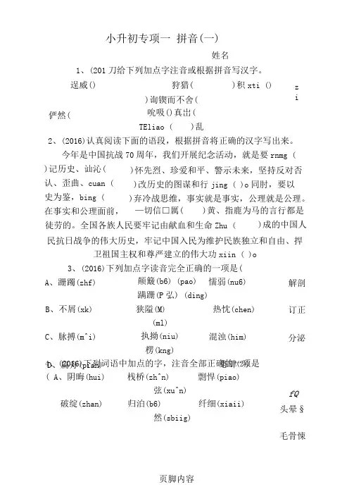 (完整版)小升初专项一拼音(一)(可编辑修改word版)