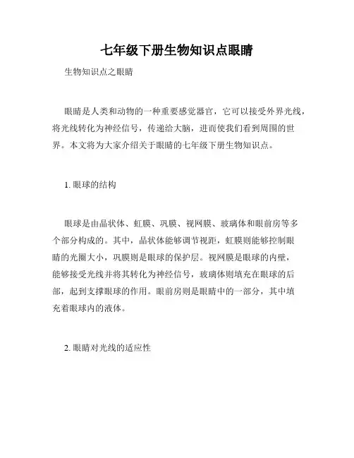 七年级下册生物知识点眼睛