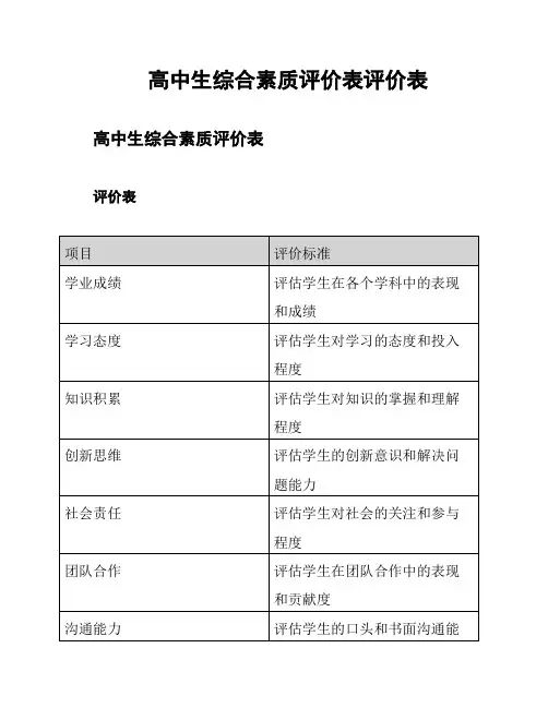 高中生综合素质评价表评价表