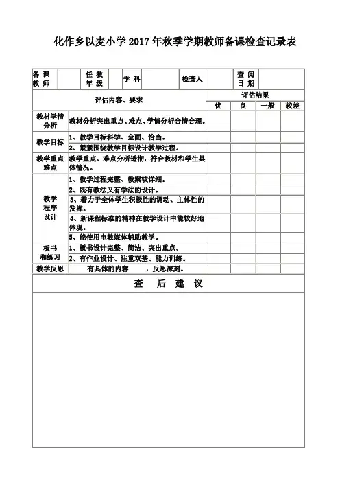 学校教师备课检查记录表
