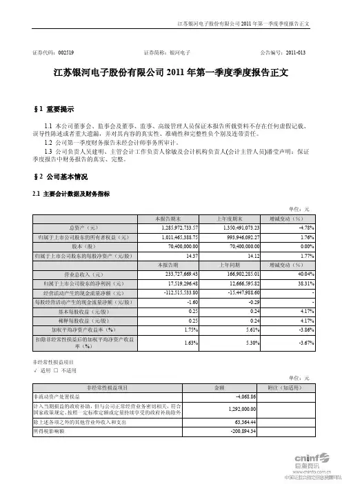 银河电子：2011年第一季度报告正文
 2011-04-19