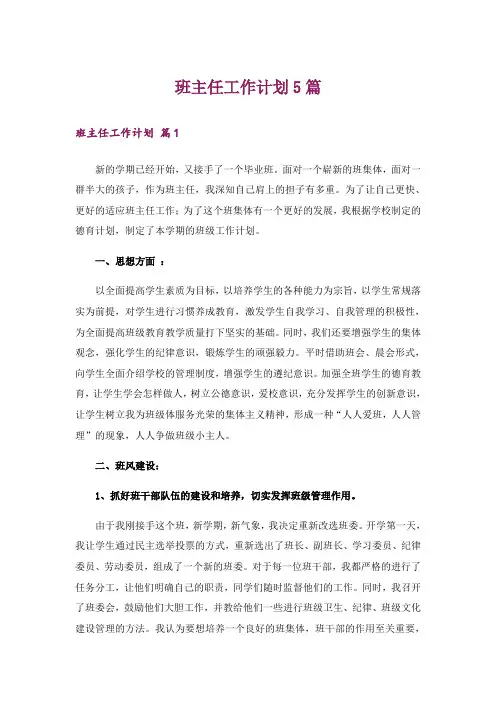 班主任工作计划5篇
