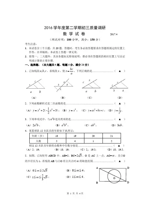 上海市杨浦区2016学年度第二学期初三二模数学模拟试卷