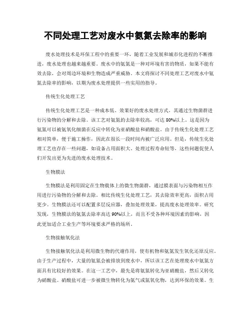 不同处理工艺对废水中氨氮去除率的影响