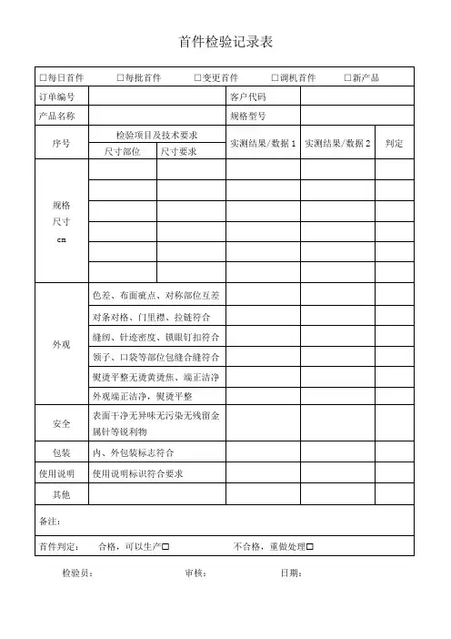 服装制品首件检验记录表