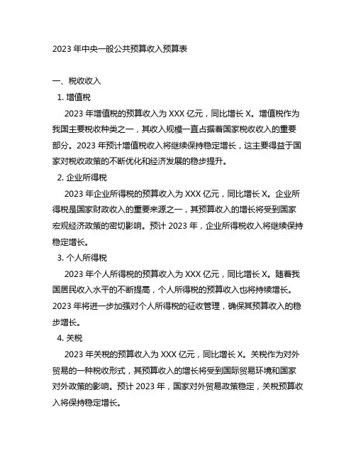 2023年中央一般公共预算收入预算表