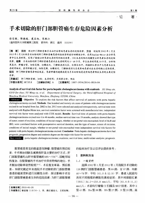 手术切除的肝门部胆管癌生存危险因素分析