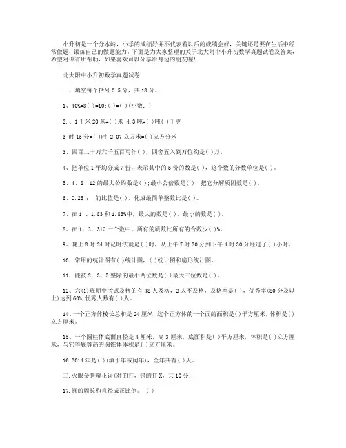 北大附中小升初数学真题试卷及答案