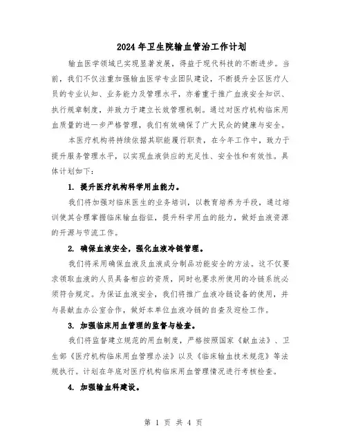 2024年卫生院输血管治工作计划（二篇）