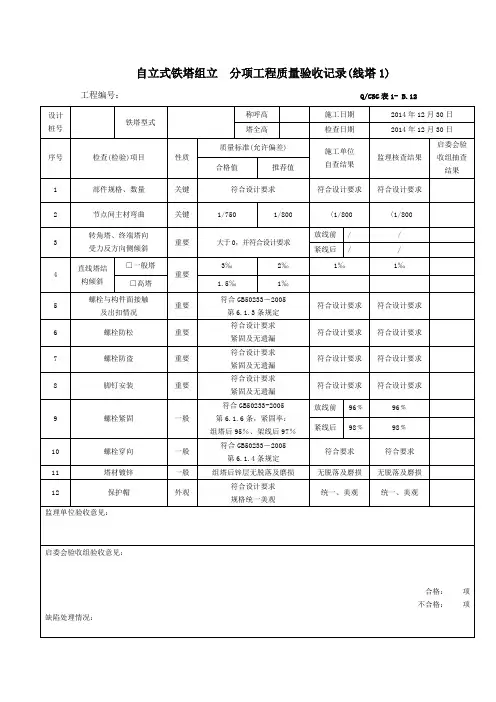 自立式铁塔组立  分项工程质量验收记录(线塔1)