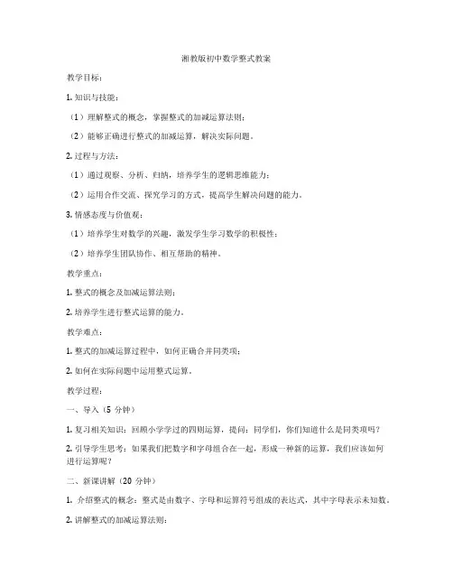 湘教版初中数学整式教案