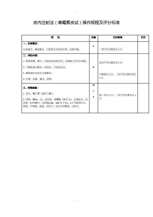 皮内注射法(青霉素皮试)操作规程及评分标准