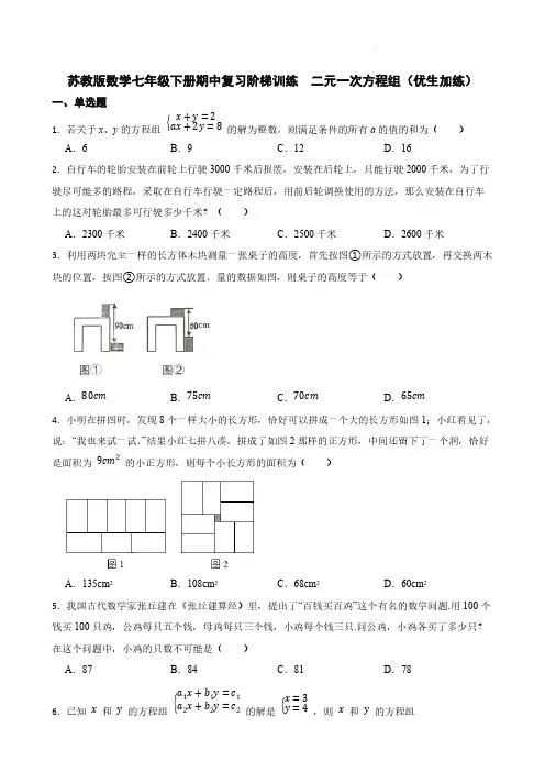 苏教版数学七年级下册期中复习阶梯训练 二元一次方程组