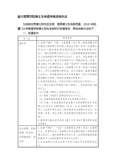 厦大管理学院博士生申请考核选拔办法