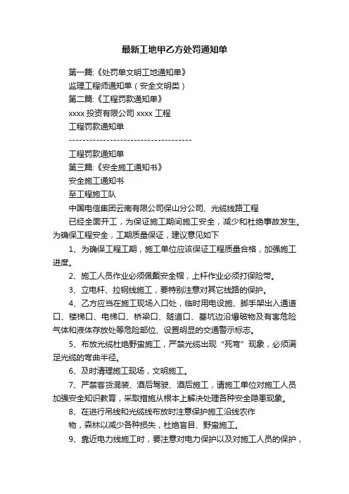 最新工地甲乙方处罚通知单