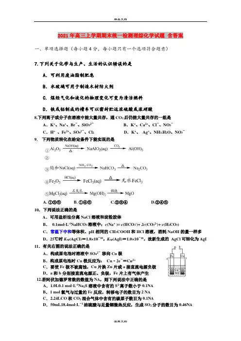 2021年高三上学期期末统一检测理综化学试题 含答案