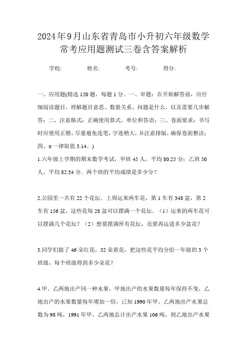 2024年9月山东省青岛市小升初数学六年级常考应用题测试三卷含答案解析