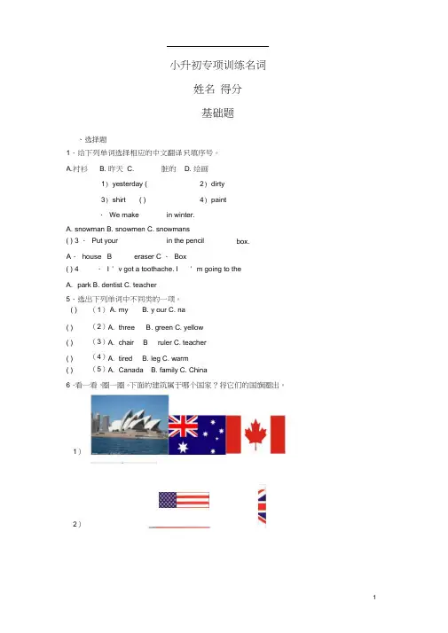 小升初英语名词知识专项训练试卷(有答案)