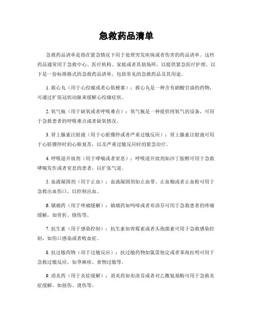 急救药品清单