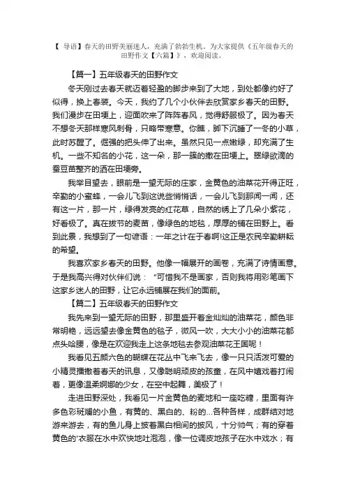 五年级春天的田野作文【六篇】