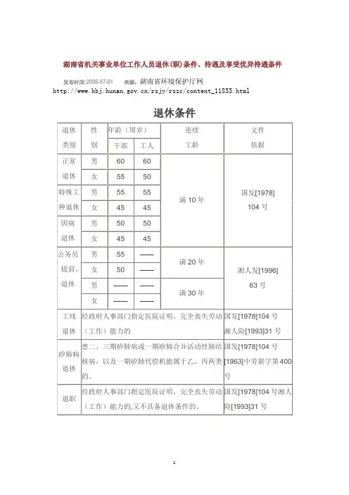 湖南省机关事业单位工作人员退休(职)条件、待遇及享受优异待遇条件