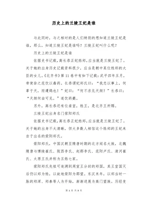 历史上的兰陵王妃是谁