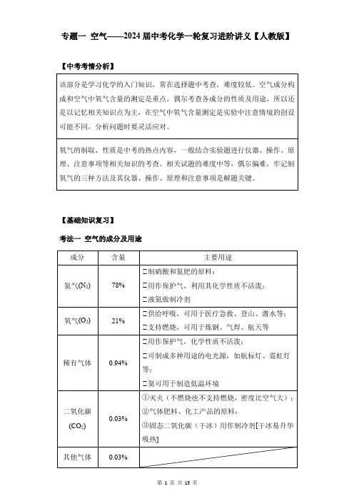 中考化学一轮复习进阶讲义【人教版】专题一 空气(含解析)