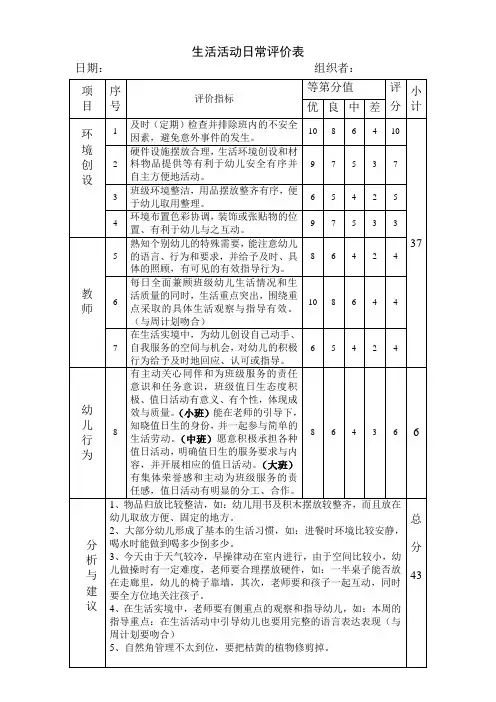 生活活动日常评价表