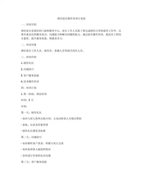 酒店前台操作培训计划表