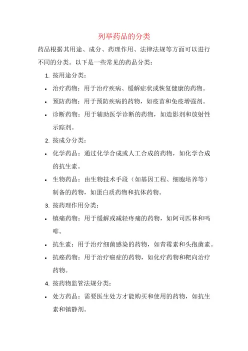列举药品的分类
