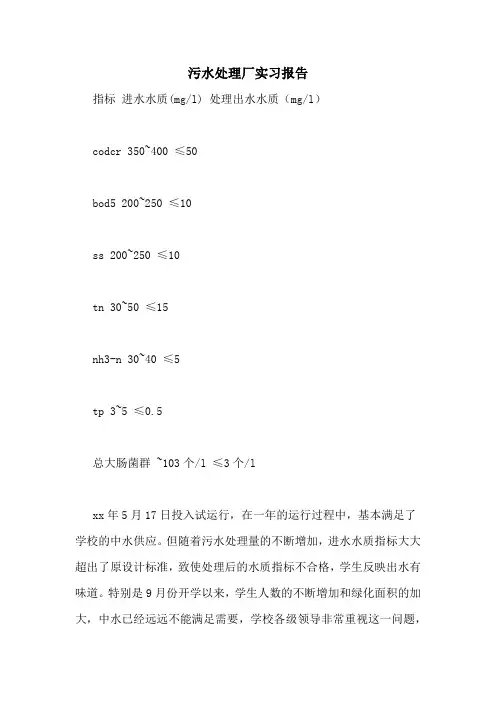2021年污水处理厂实习报告