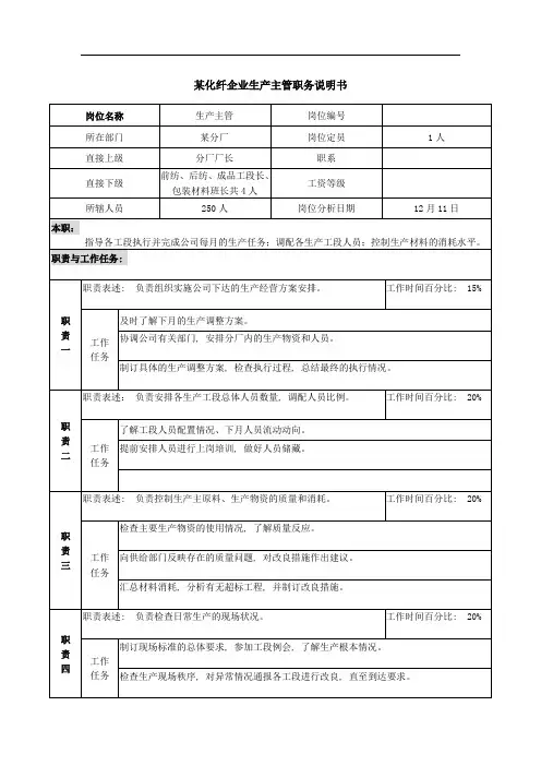 某化纤企业生产主管职务说明书