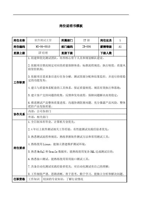 软件测试主管说明书JD模板工作职责和任职要求