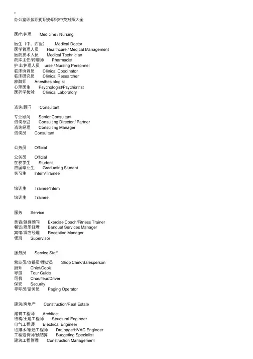 办公室职位职衔职务职称中英对照大全