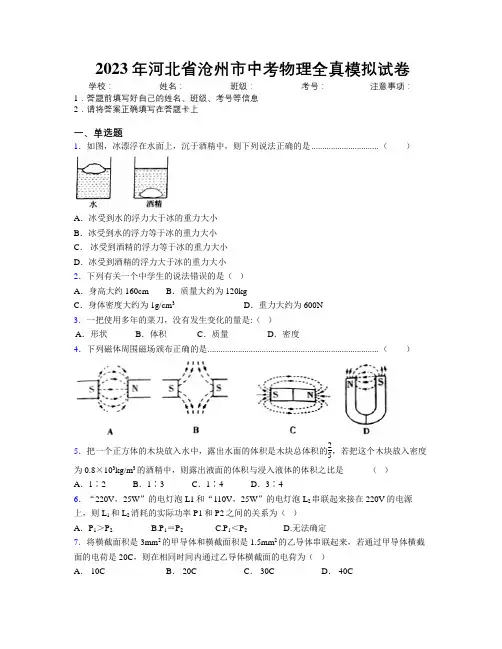 2023年河北省沧州市中考物理全真模拟试卷附解析