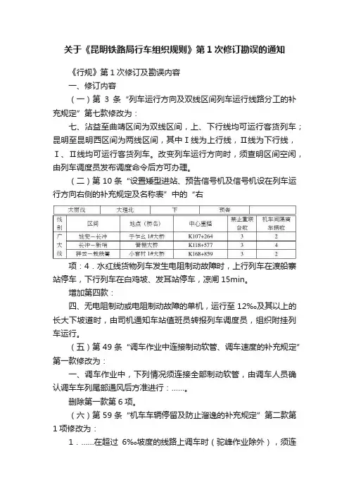 关于《昆明铁路局行车组织规则》第1次修订勘误的通知