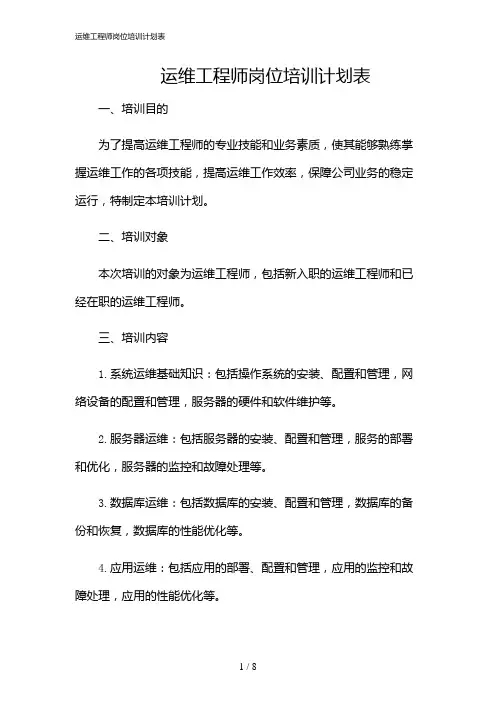 2024年运维工程师岗位培训计划表