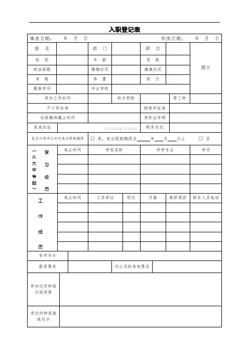 餐饮店员工入职登记表