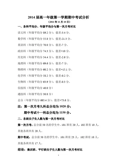 2014届高一年级第一学期第一次月考分析